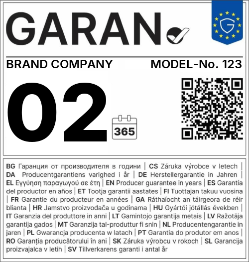 Example of a GARAN-Label with brand name, model number, guarantee duration, and QR code